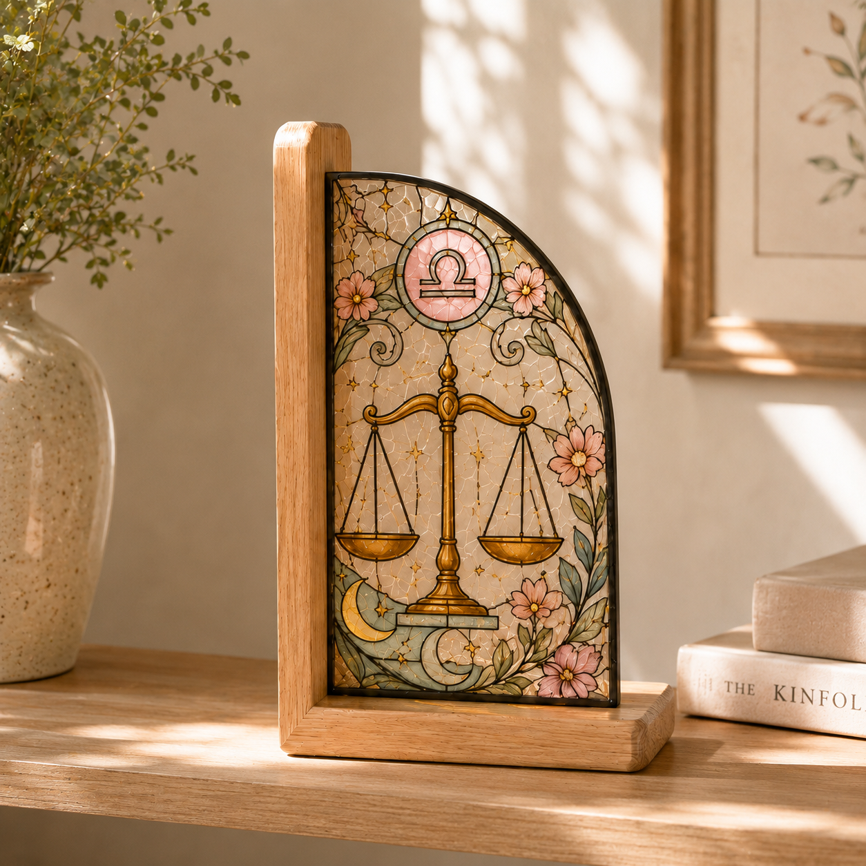 Libra Zodiac Bookends | Wood Glass Bookend Set | Astrology Bookshelf Decor | Stained Glass Style Book Holder | Libra Gift