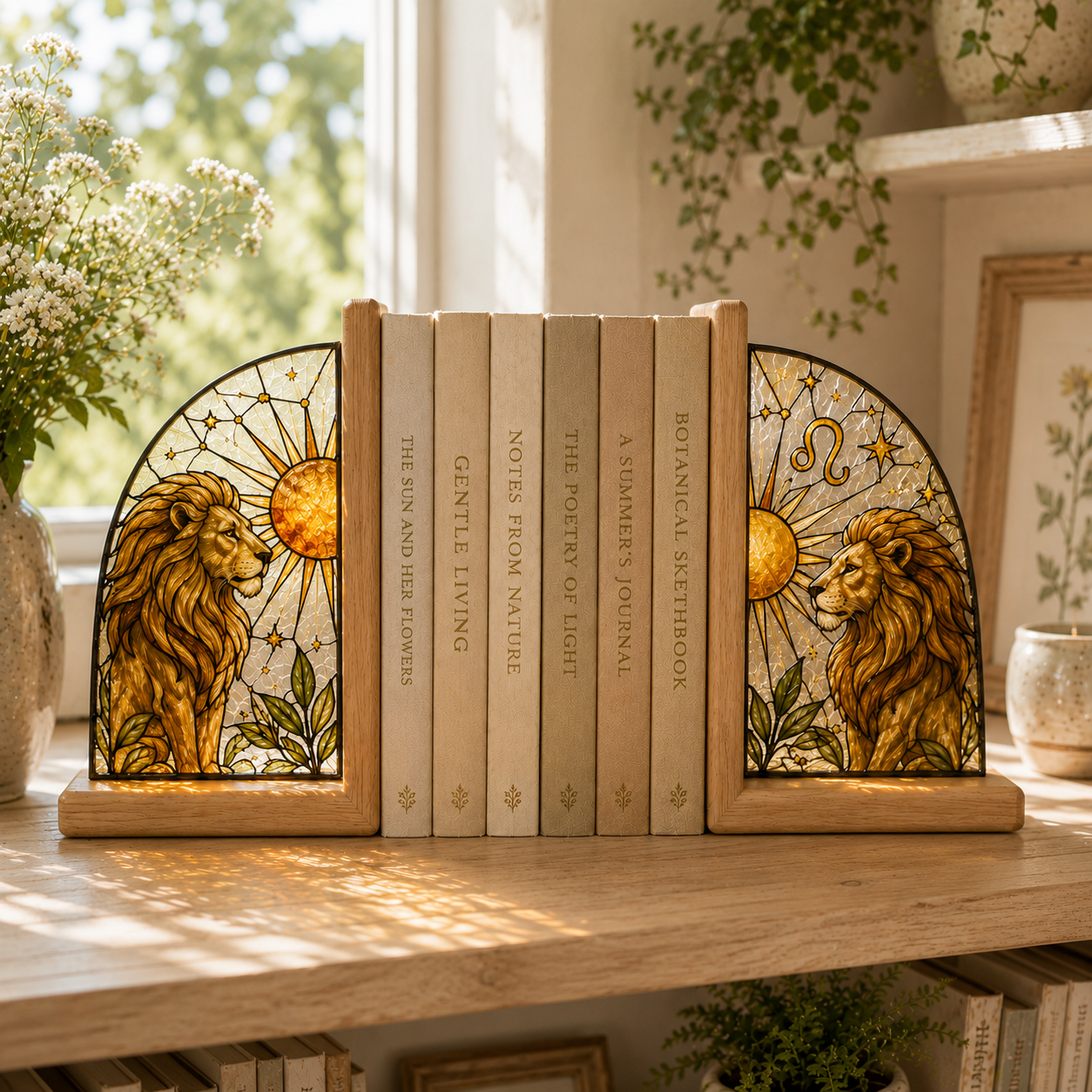 Leo Zodiac Bookends | Wood Glass Bookend Set | Astrology Bookshelf Decor | Stained Glass Style Book Holder | Leo Gift