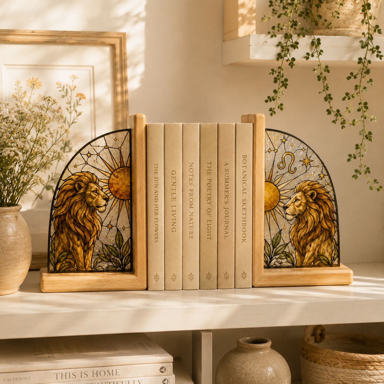 Leo Zodiac Bookends | Wood Glass Bookend Set | Astrology Bookshelf Decor | Stained Glass Style Book Holder | Leo Gift