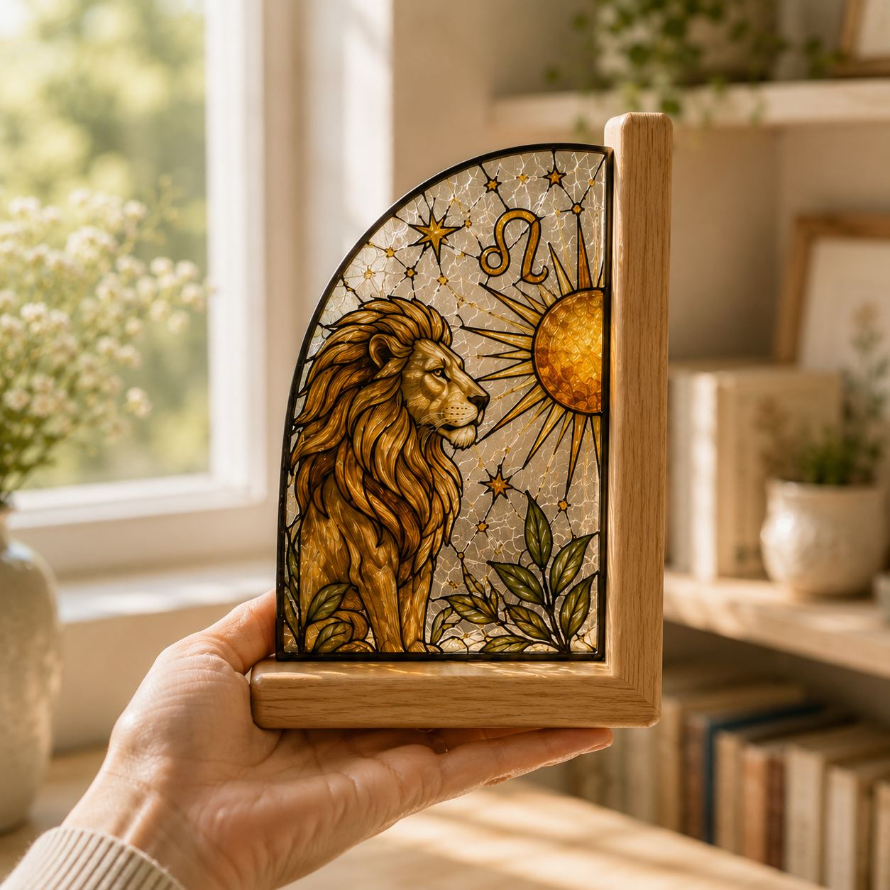 Leo Zodiac Bookends | Wood Glass Bookend Set | Astrology Bookshelf Decor | Stained Glass Style Book Holder | Leo Gift