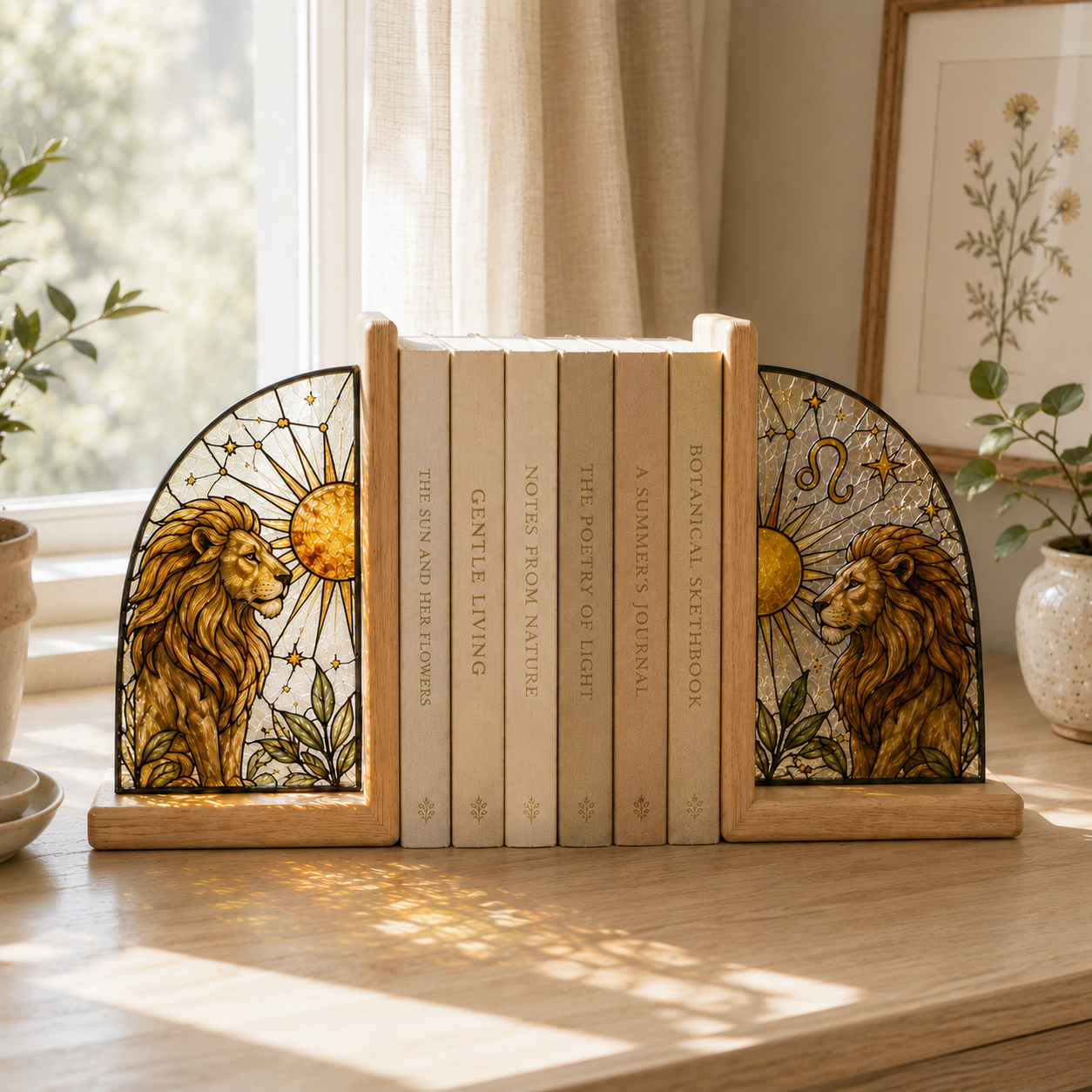 Leo Zodiac Bookends | Wood Glass Bookend Set | Astrology Bookshelf Decor | Stained Glass Style Book Holder | Leo Gift