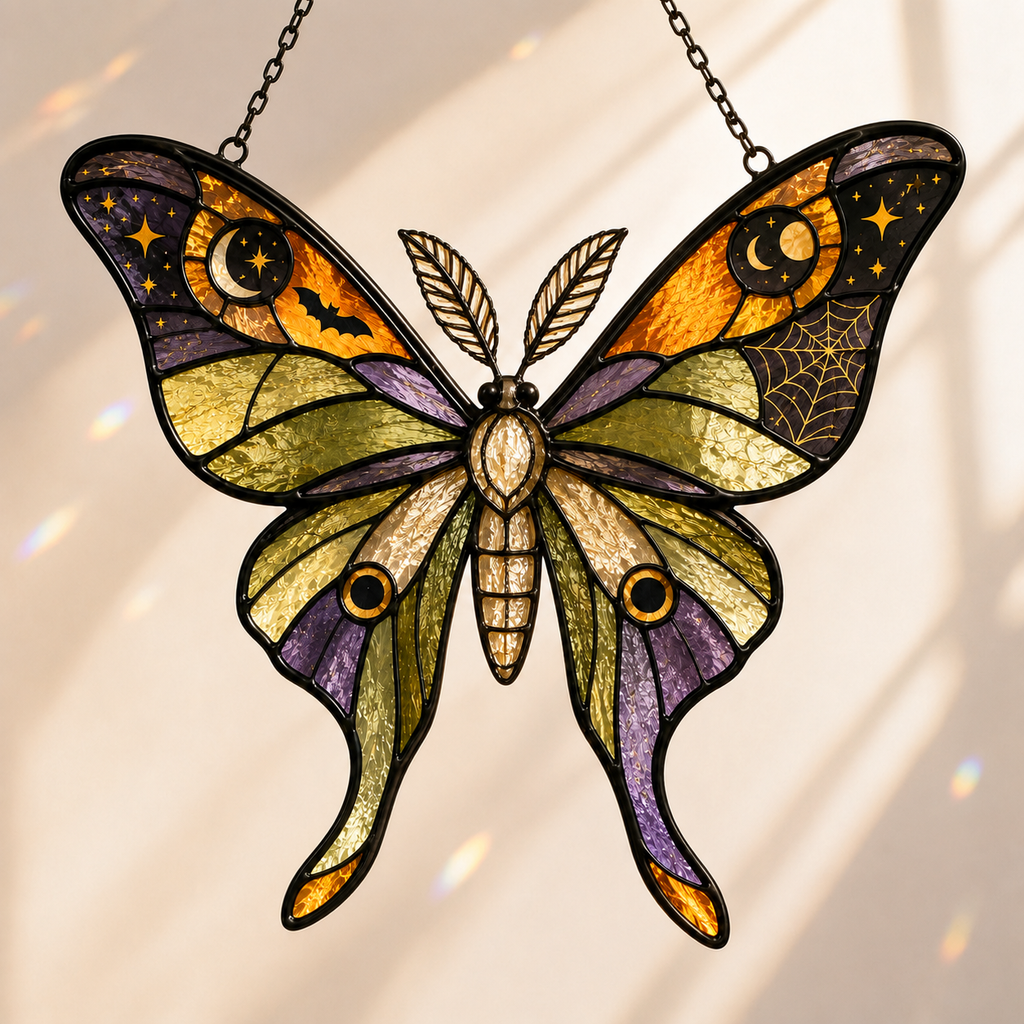Halloween Luna Moth Suncatcher | Stained Glass Style Window Hanging | Witchy Moon Star Decor | Car Hanging Decor | Moth Gift
