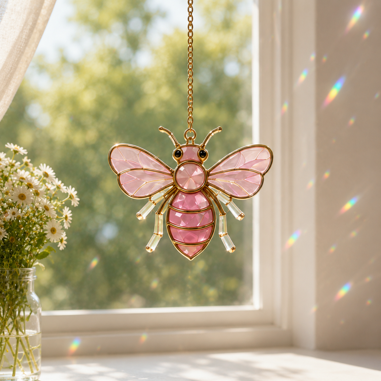 Bee Suncatcher | Stained Glass Style Window Hanging | Gold Bee Wall Decor | Car Hanging Decor | Bee Lover Gift