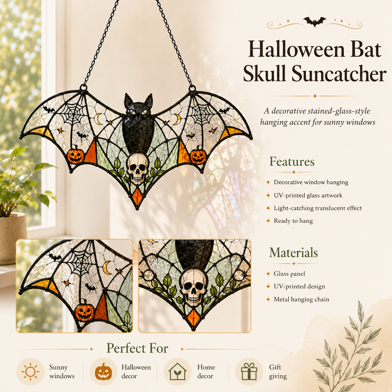 Halloween Bat Skull Suncatcher | Stained Glass Style Window Hanging | Pumpkin Spider Web Decor | Car Ornament Gift