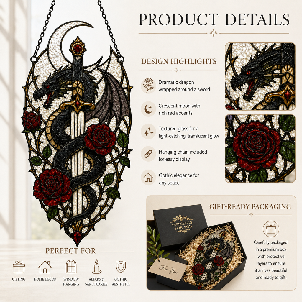 20 Style Gothic Dragon Sword Suncatcher | Stained Glass Style Window Hanging | Dark Romance Decor | Witchy Dragon Gift | Car Ornament
