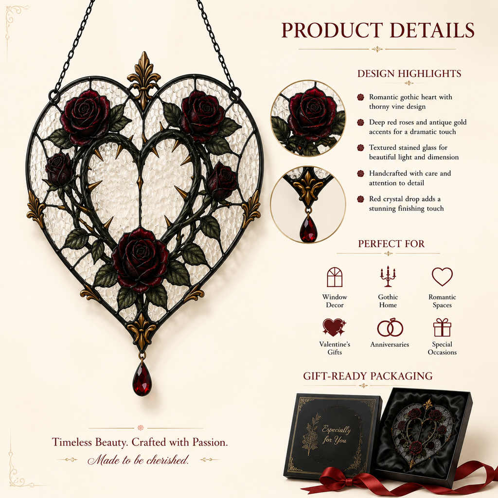 12 Style Gothic Rose Heart Suncatcher with Red Crystal Drop | Stained Glass Style Window Hanging | Romantic Gothic Gift