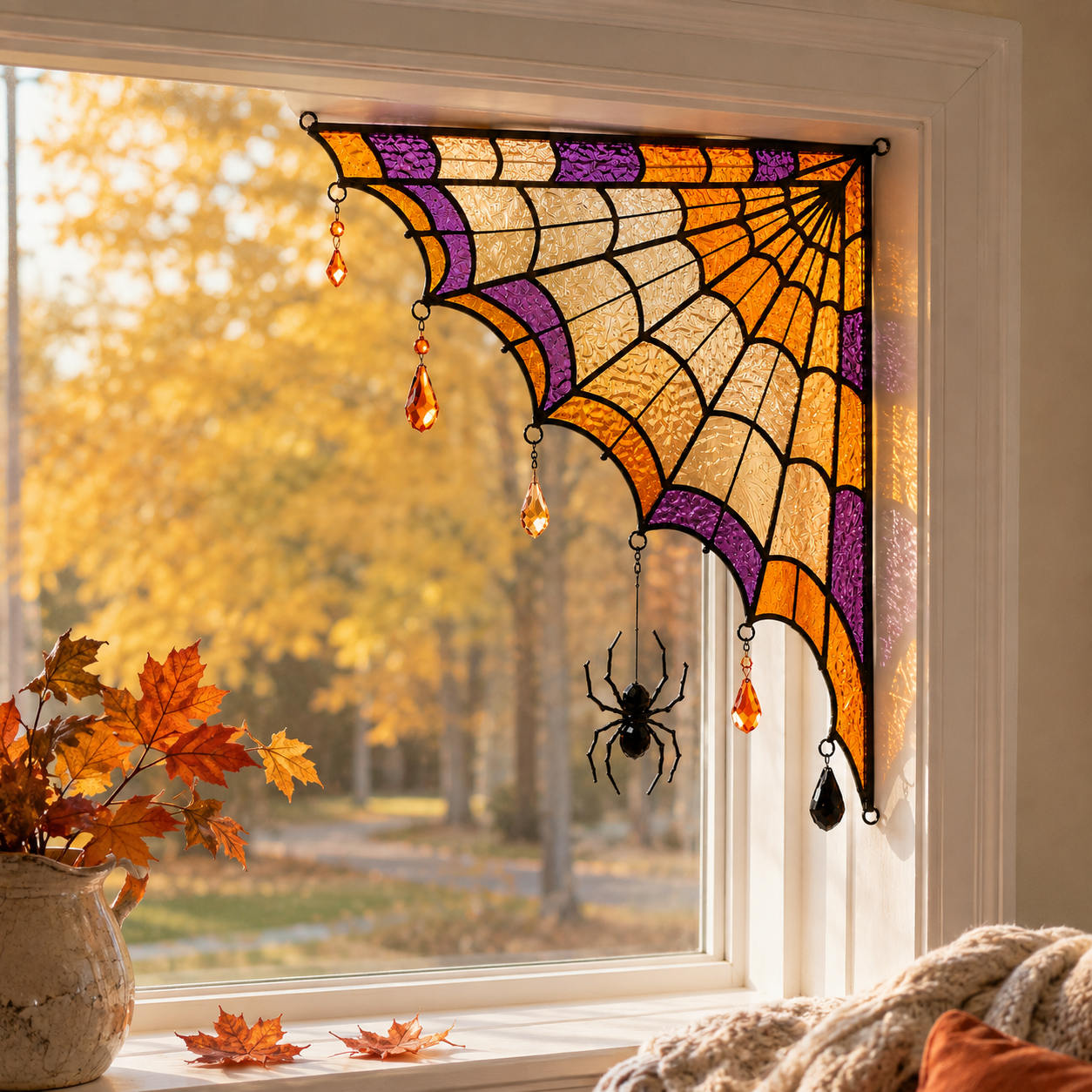 Halloween Spider Web Stained Glass Window Corner Hanging Ornament with Spider