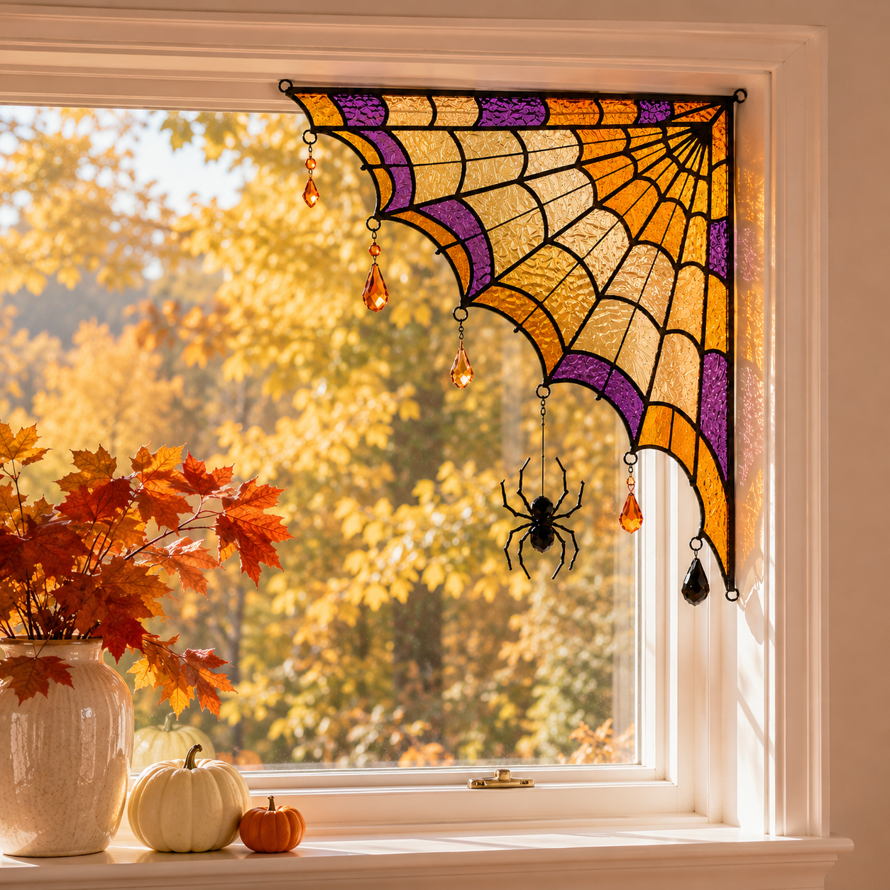 Halloween Spider Web Stained Glass Window Corner Hanging Ornament with Spider