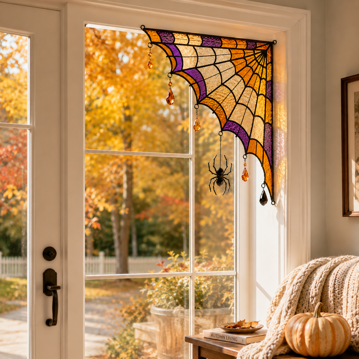 Halloween Spider Web Stained Glass Window Corner Hanging Ornament with Spider