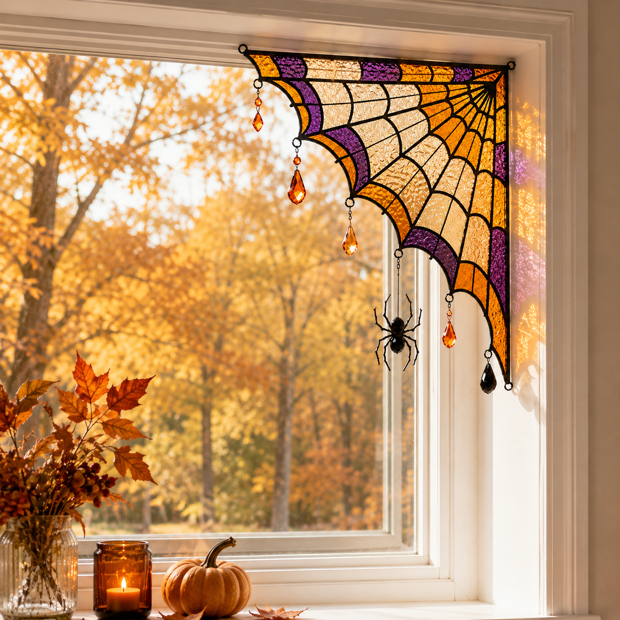 Halloween Spider Web Stained Glass Window Corner Hanging Ornament with Spider