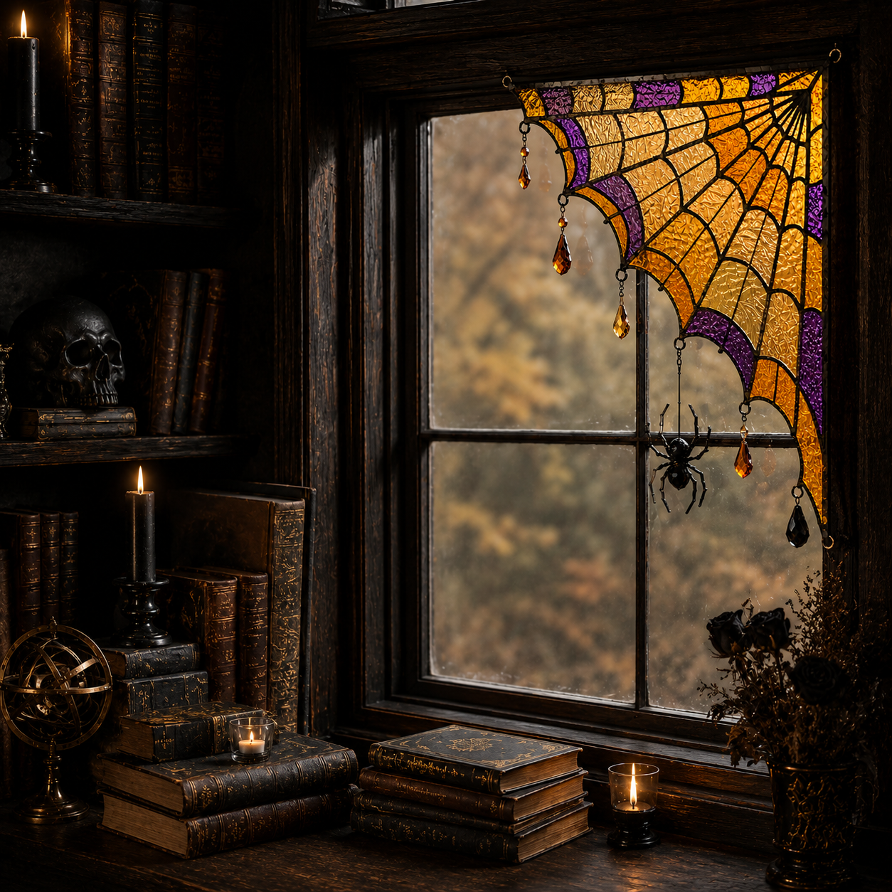 Halloween Spider Web Stained Glass Window Corner Hanging Ornament with Spider