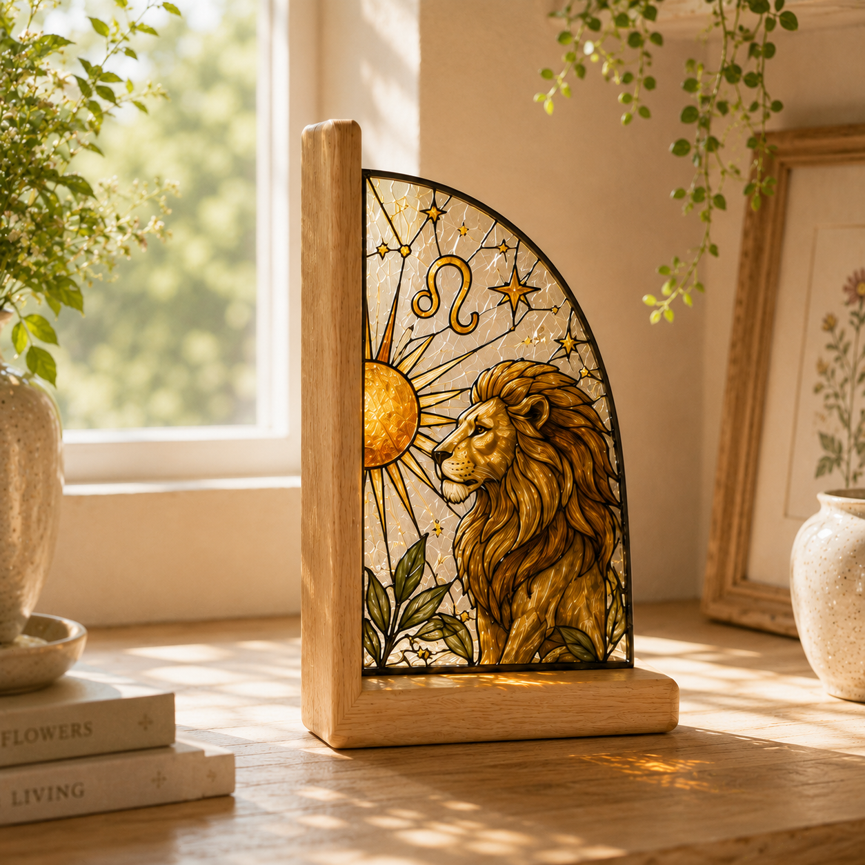 Leo Zodiac Bookends | Wood Glass Bookend Set | Astrology Bookshelf Decor | Stained Glass Style Book Holder | Leo Gift
