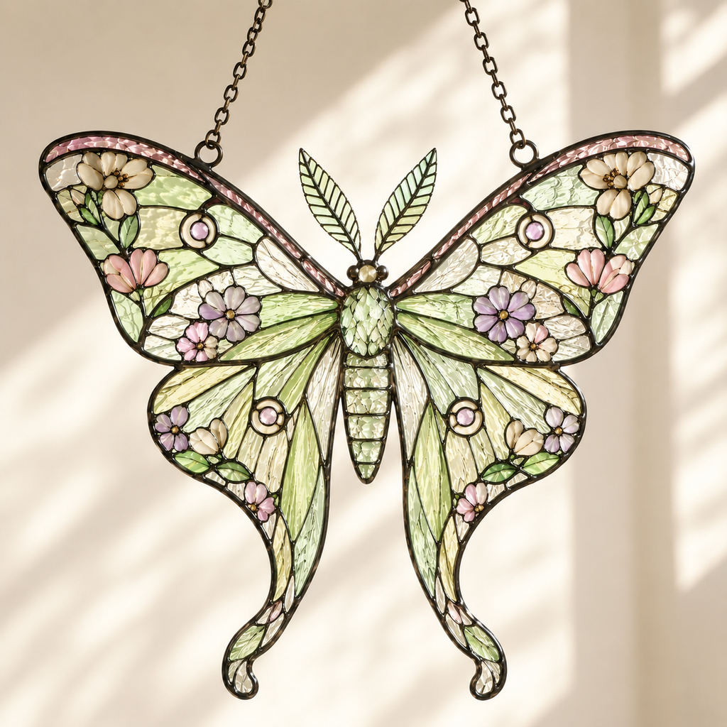 Halloween Luna Moth Suncatcher | Stained Glass Style Window Hanging | Witchy Moon Star Decor | Car Hanging Decor | Moth Gift