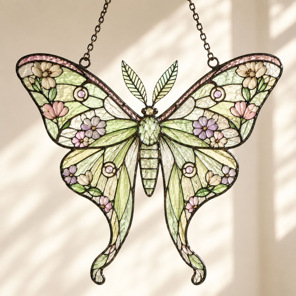 Halloween Luna Moth Suncatcher | Stained Glass Style Window Hanging | Witchy Moon Star Decor | Car Hanging Decor | Moth Gift