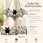 Gothic Bat Skull Suncatcher | Stained Glass Style Window Hanging | Witchy Bat Wall Decor | Car Ornament Gift