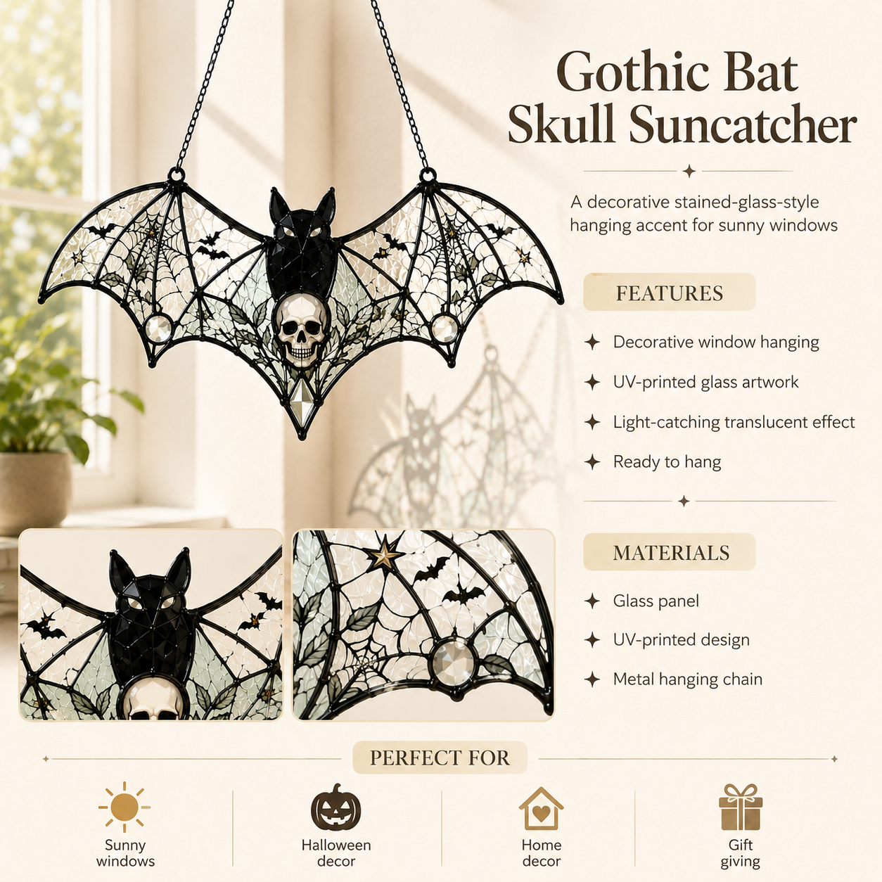Gothic Bat Skull Suncatcher | Stained Glass Style Window Hanging | Witchy Bat Wall Decor | Car Ornament Gift