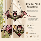 Pink Gothic Bat Skull Suncatcher | Stained Glass Style Window Hanging | Rose Moon Witchy Decor | Car Ornament Gift