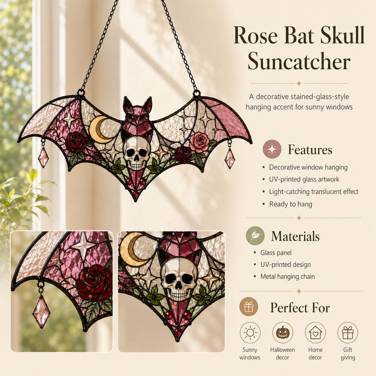 Pink Gothic Bat Skull Suncatcher | Stained Glass Style Window Hanging | Rose Moon Witchy Decor | Car Ornament Gift