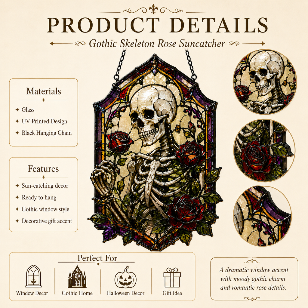 18 Style Gothic Skeleton Suncatcher | Rose Stained Glass Style Window Hanging | Dark Academia Decor | Witchy Gift | Car Ornament