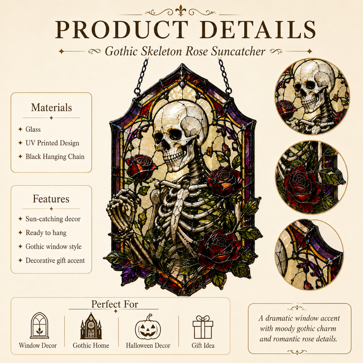 18 Style Gothic Skeleton Suncatcher | Rose Stained Glass Style Window Hanging | Dark Academia Decor | Witchy Gift | Car Ornament