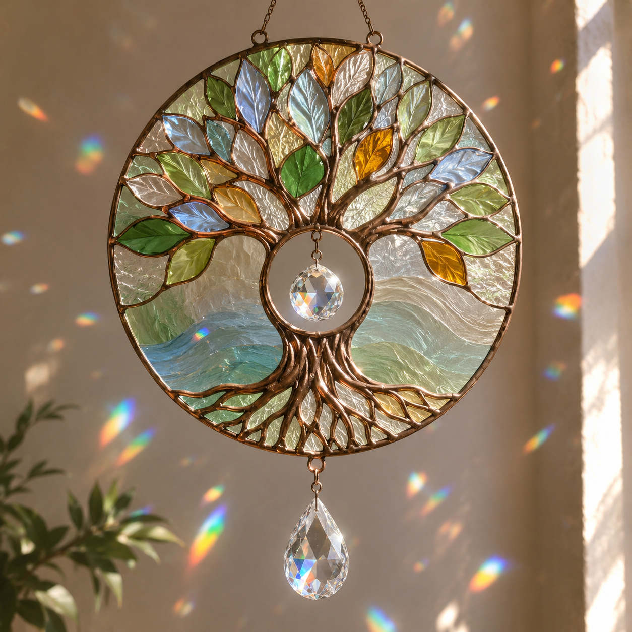 Tree of Life Suncatcher | Stained Glass Style Window Hanging | Crystal Rainbow Decor | Nature Lover Gift | Sunroom Decor Reading Nook Decoration
