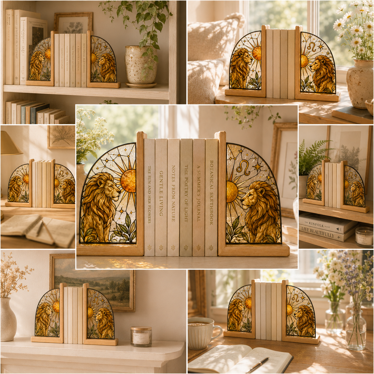 Leo Zodiac Bookends | Wood Glass Bookend Set | Astrology Bookshelf Decor | Stained Glass Style Book Holder | Leo Gift