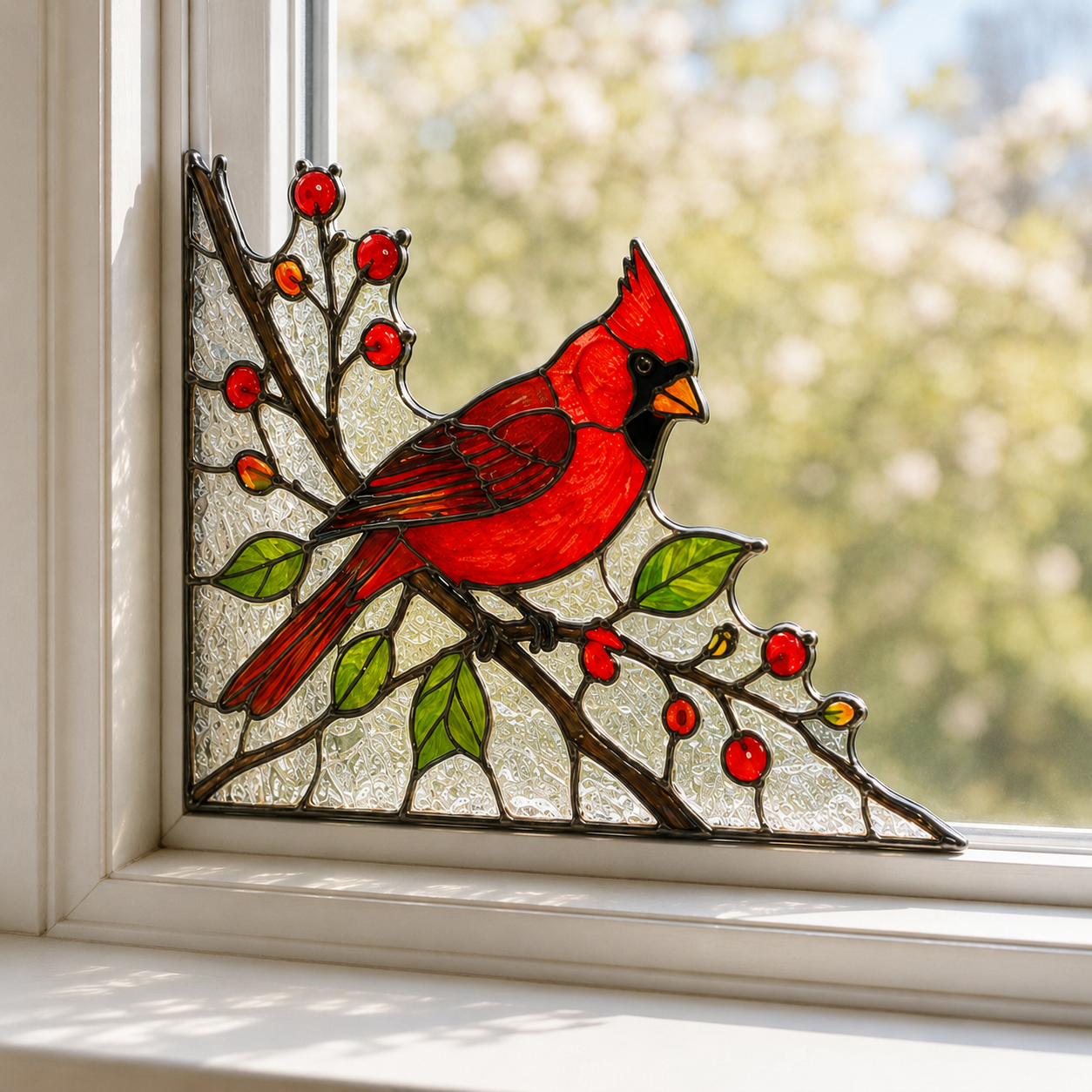 Red Cardinal Stained Glass Window Corner Decor – Bird Hanging Ornament with Berry Branch