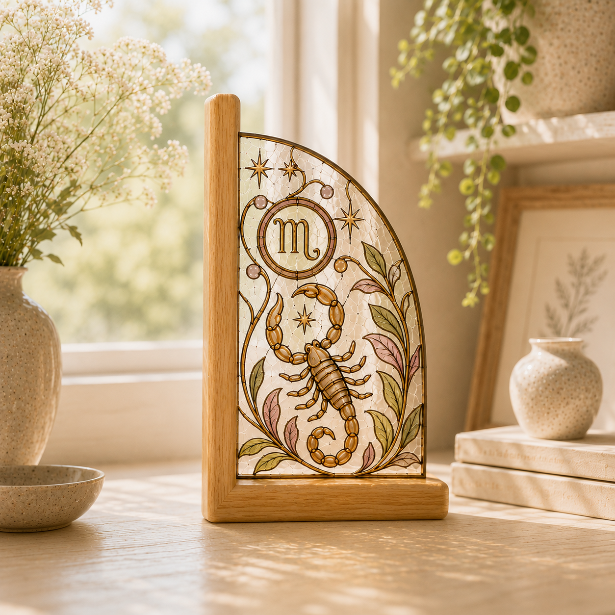 Scorpio Zodiac Bookends | Wood Glass Bookend Set | Astrology Bookshelf Decor | Stained Glass Style Book Holder | Scorpio Gift