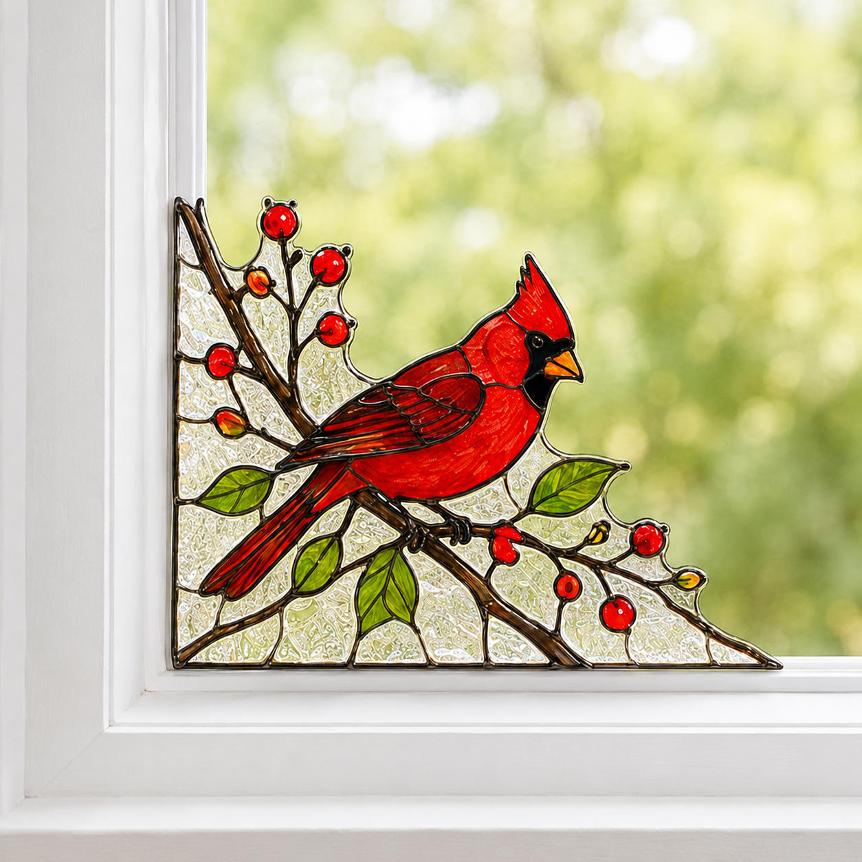 Red Cardinal Stained Glass Window Corner Decor – Bird Hanging Ornament with Berry Branch