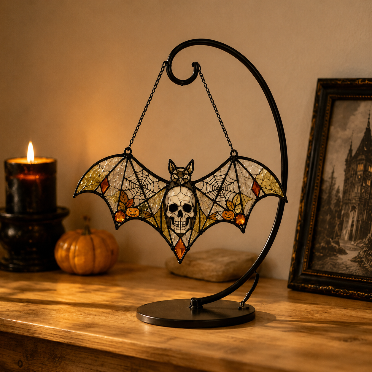 17 Style Halloween Bat Skull Suncatcher | Stained Glass Style Window Hanging | Pumpkin Spider Web Decor | Car Ornament Gift