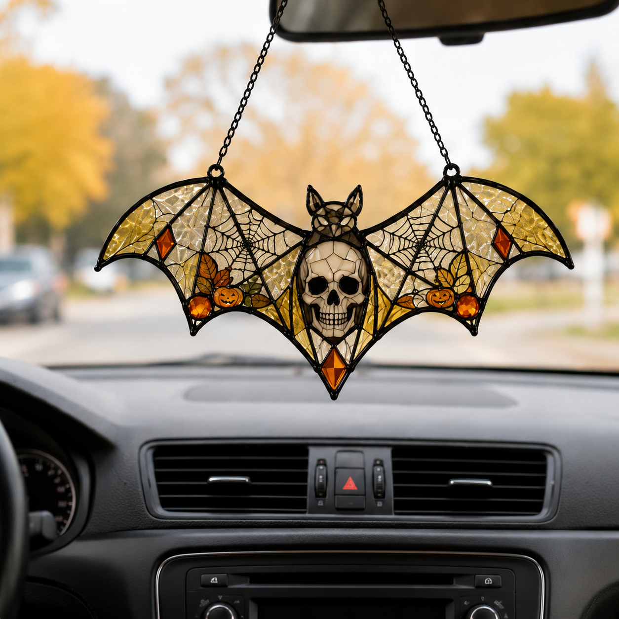 17 Style Halloween Bat Skull Suncatcher | Stained Glass Style Window Hanging | Pumpkin Spider Web Decor | Car Ornament Gift