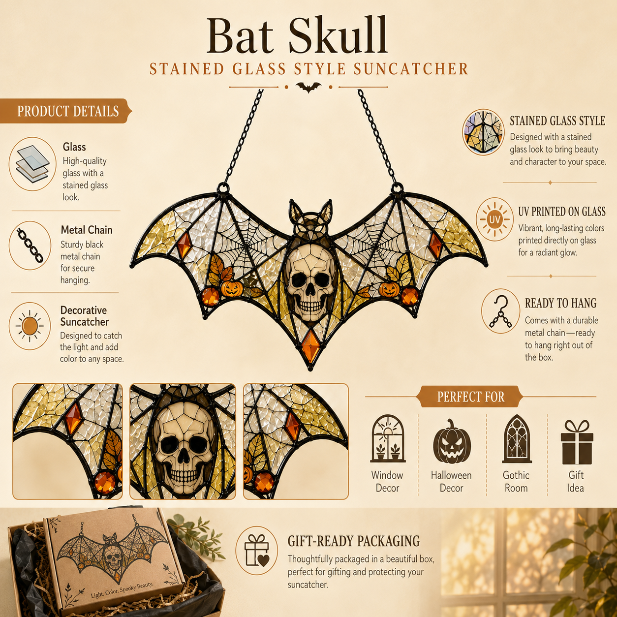 17 Style Halloween Bat Skull Suncatcher | Stained Glass Style Window Hanging | Pumpkin Spider Web Decor | Car Ornament Gift