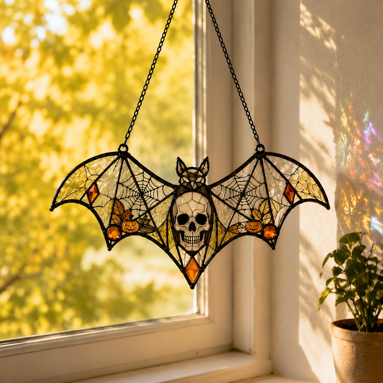 17 Style Halloween Bat Skull Suncatcher | Stained Glass Style Window Hanging | Pumpkin Spider Web Decor | Car Ornament Gift