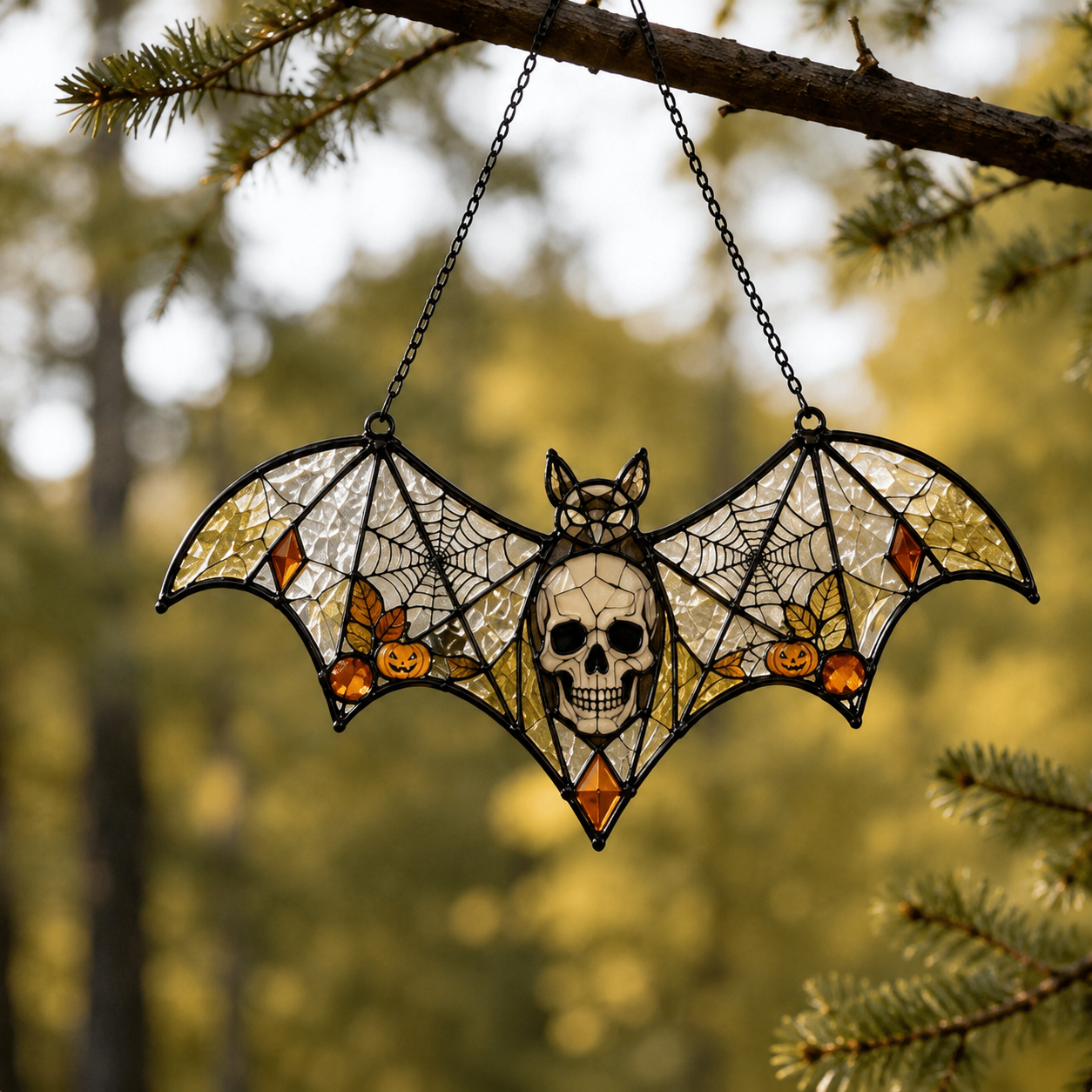 17 Style Halloween Bat Skull Suncatcher | Stained Glass Style Window Hanging | Pumpkin Spider Web Decor | Car Ornament Gift
