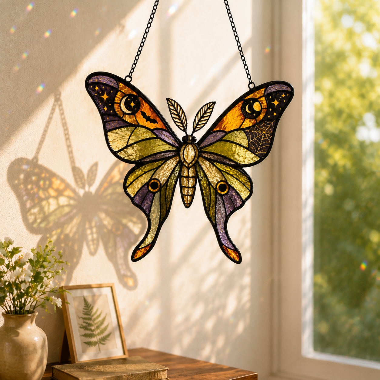 Halloween Luna Moth Suncatcher | Stained Glass Style Window Hanging | Witchy Moon Star Decor | Car Hanging Decor | Moth Gift