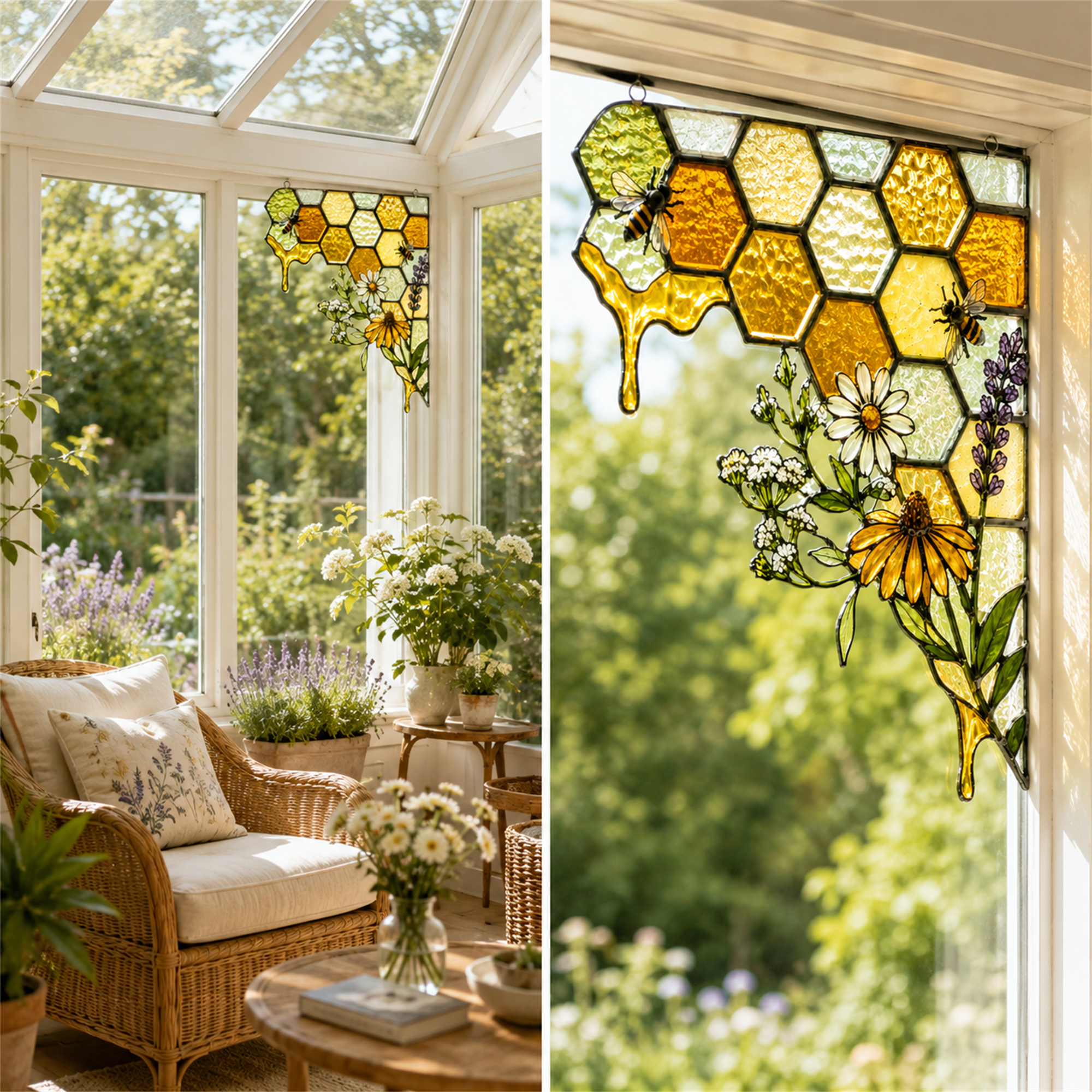 Bee Honeycomb Stained Glass Window Corner Decor – Botanical Window Hanging Ornament