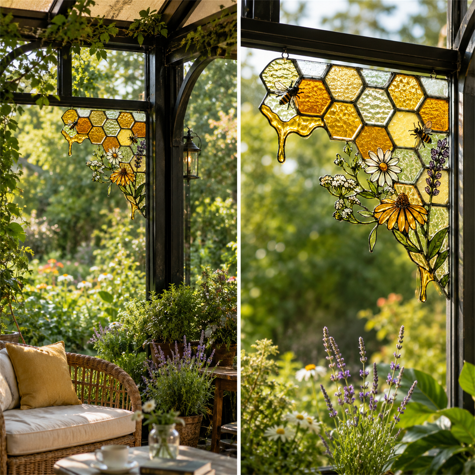 Bee Honeycomb Stained Glass Window Corner Decor – Botanical Window Hanging Ornament