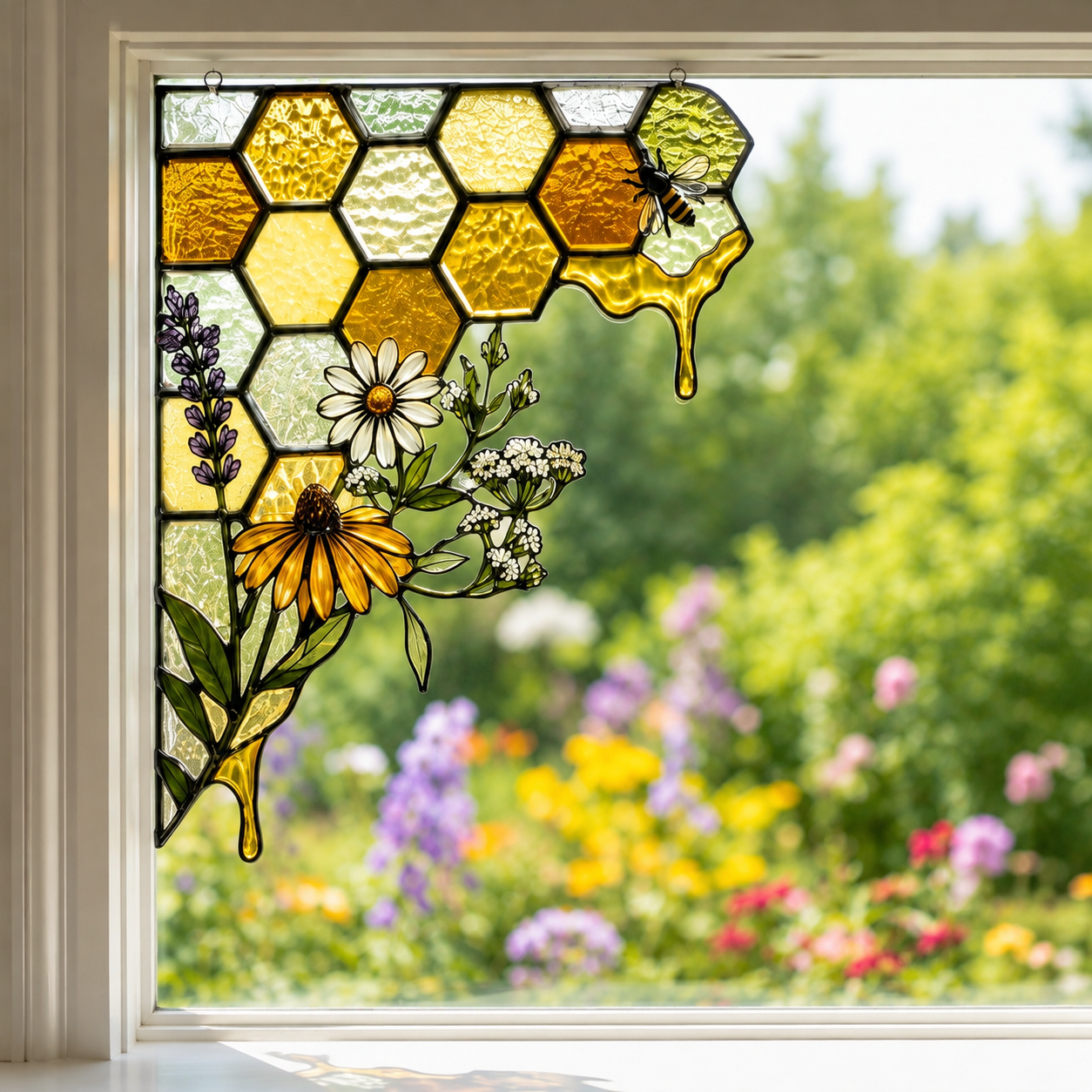 Bee Honeycomb Stained Glass Window Corner Decor – Botanical Window Hanging Ornament