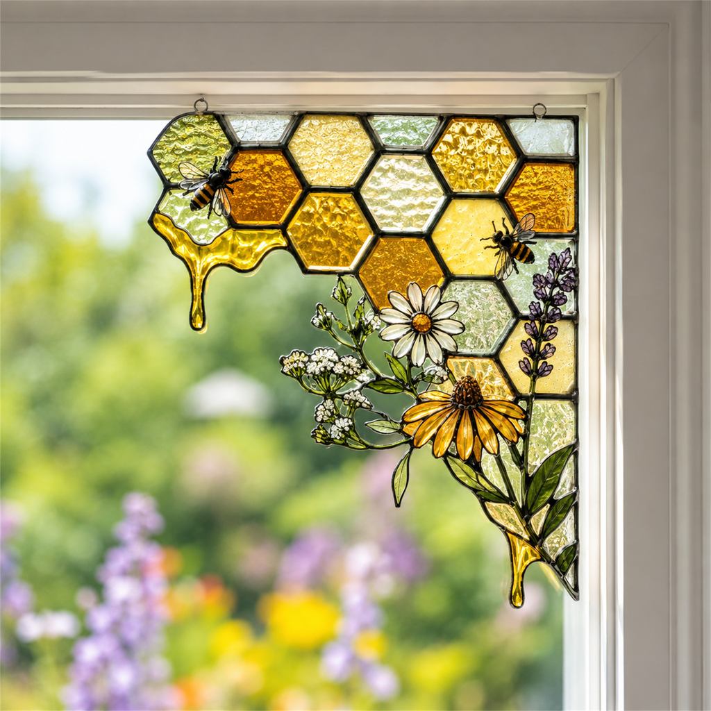 Bee Honeycomb Stained Glass Window Corner Decor – Botanical Window Hanging Ornament