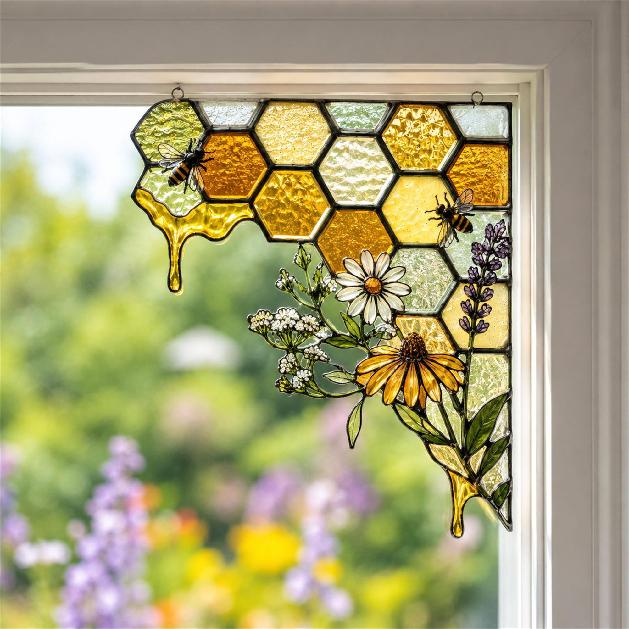 Bee Honeycomb Stained Glass Window Corner Decor – Botanical Window Hanging Ornament