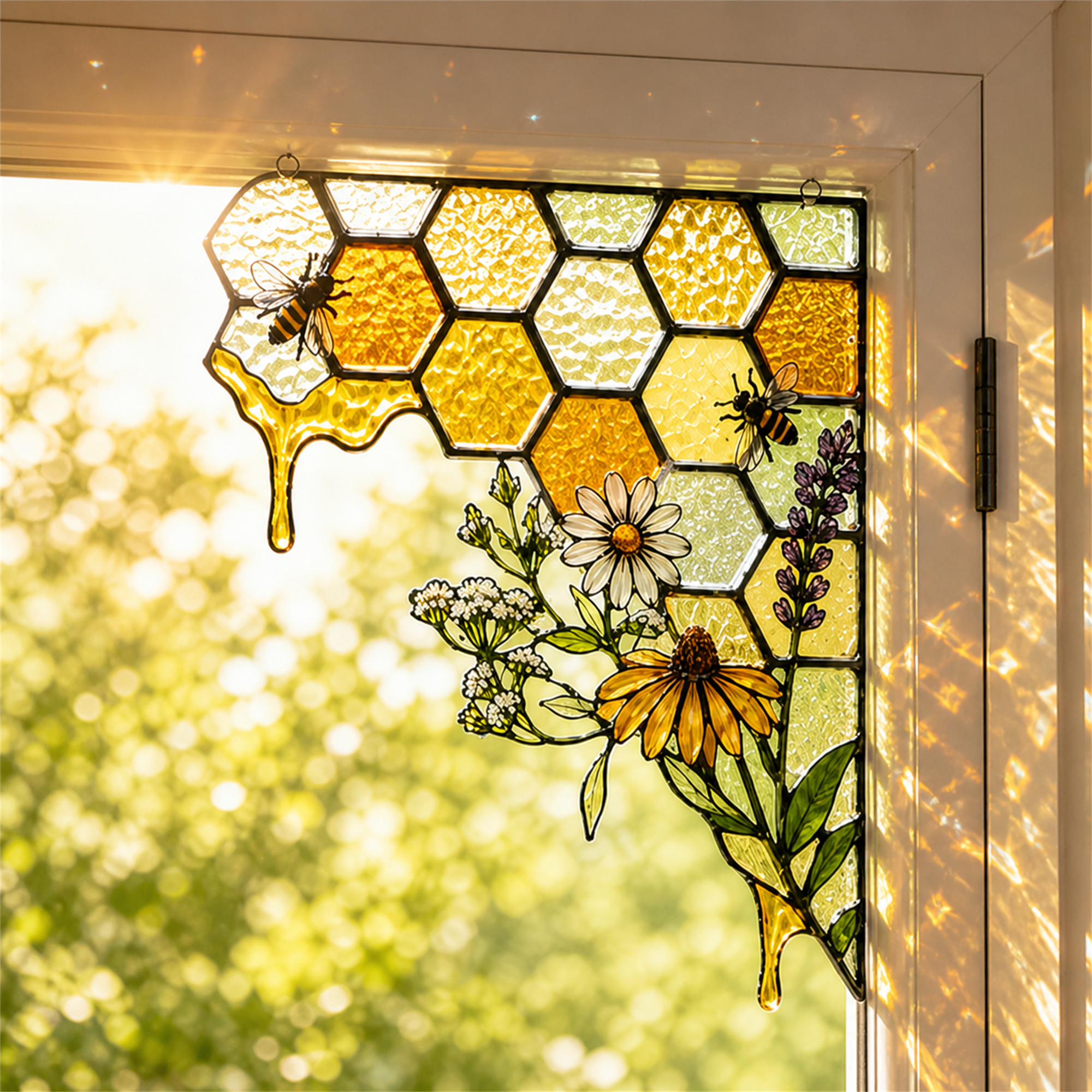 Bee Honeycomb Stained Glass Window Corner Decor – Botanical Window Hanging Ornament