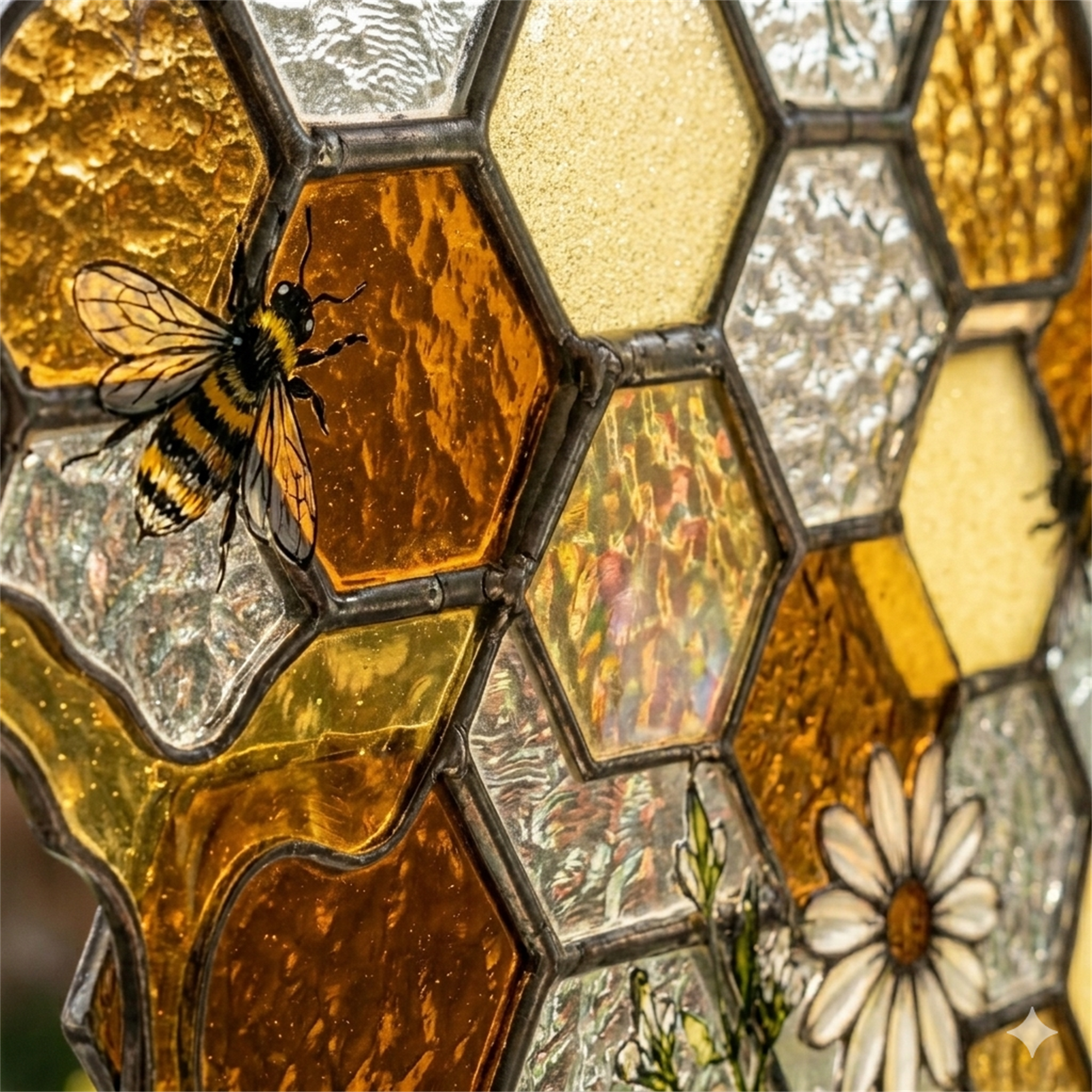 Bee Honeycomb Stained Glass Window Corner Decor – Botanical Window Hanging Ornament
