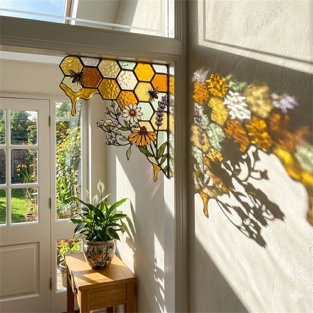 Bee Honeycomb Stained Glass Window Corner Decor – Botanical Window Hanging Ornament