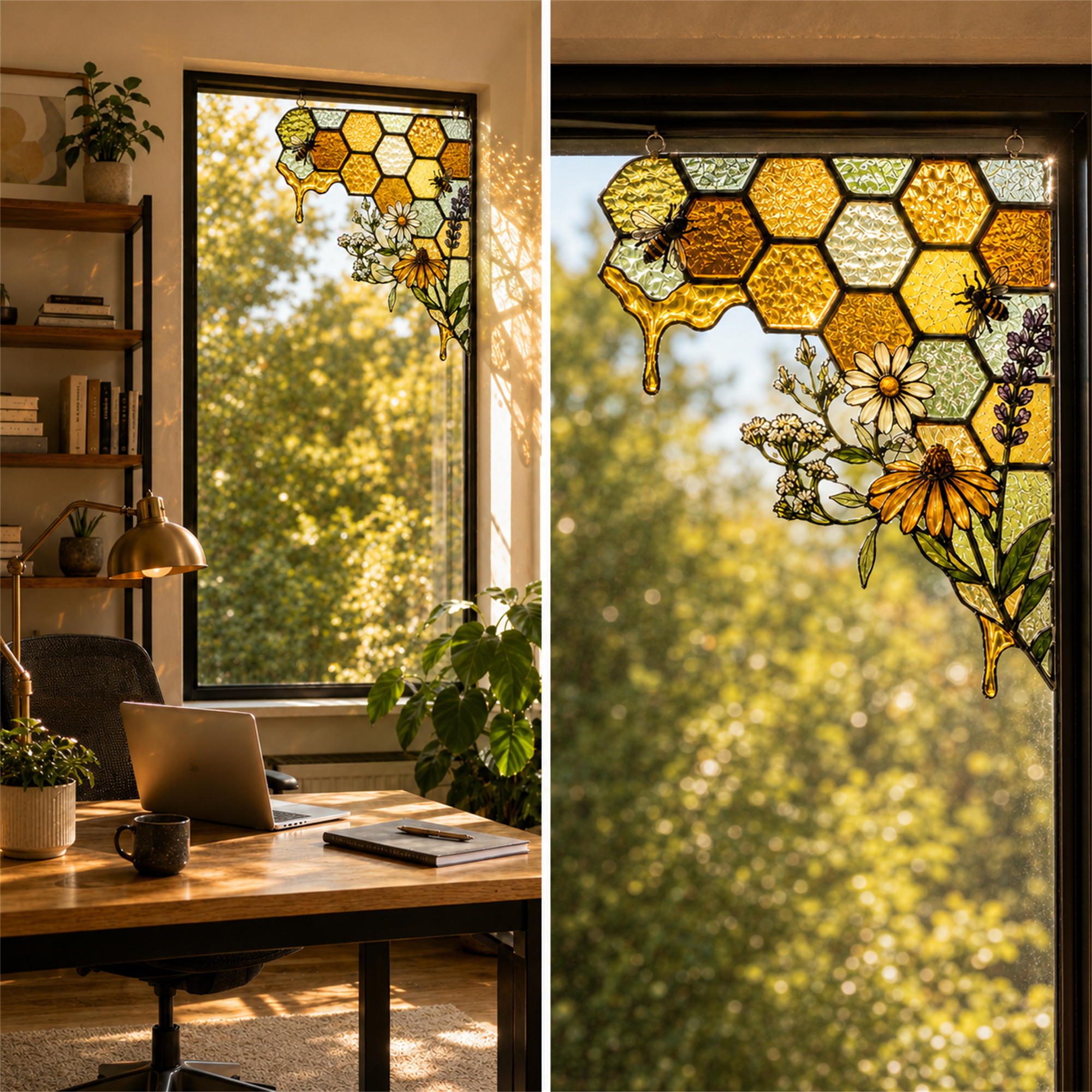 Bee Honeycomb Stained Glass Window Corner Decor – Botanical Window Hanging Ornament