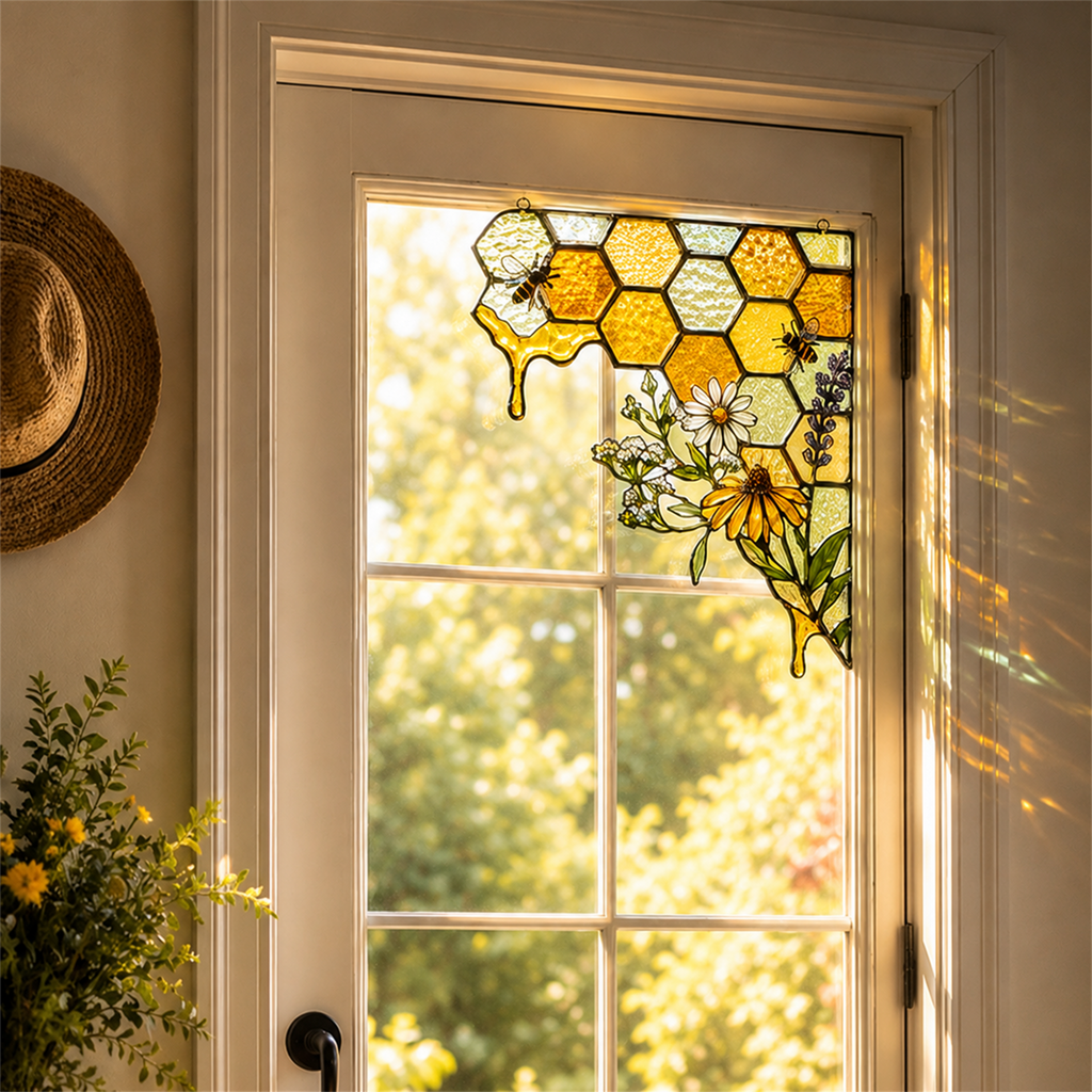 Bee Honeycomb Stained Glass Window Corner Decor – Botanical Window Hanging Ornament
