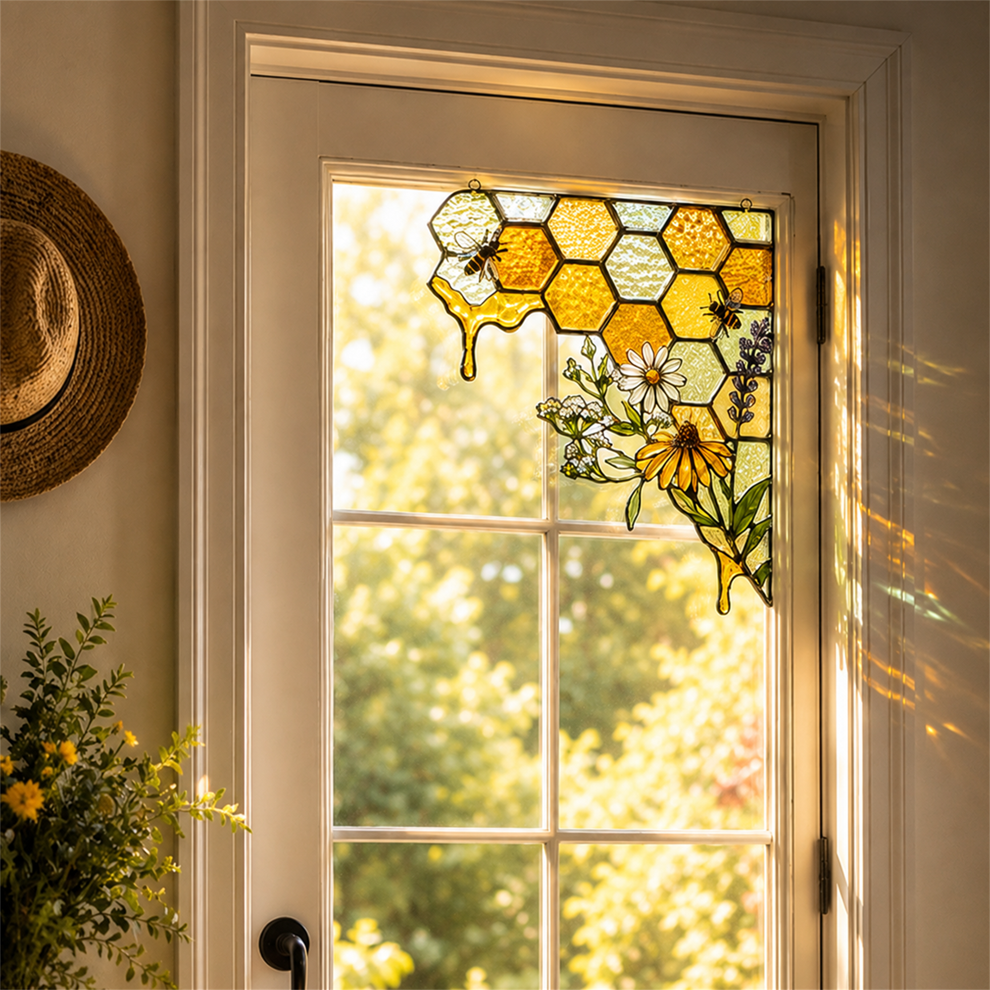 Bee Honeycomb Stained Glass Window Corner Decor – Botanical Window Hanging Ornament