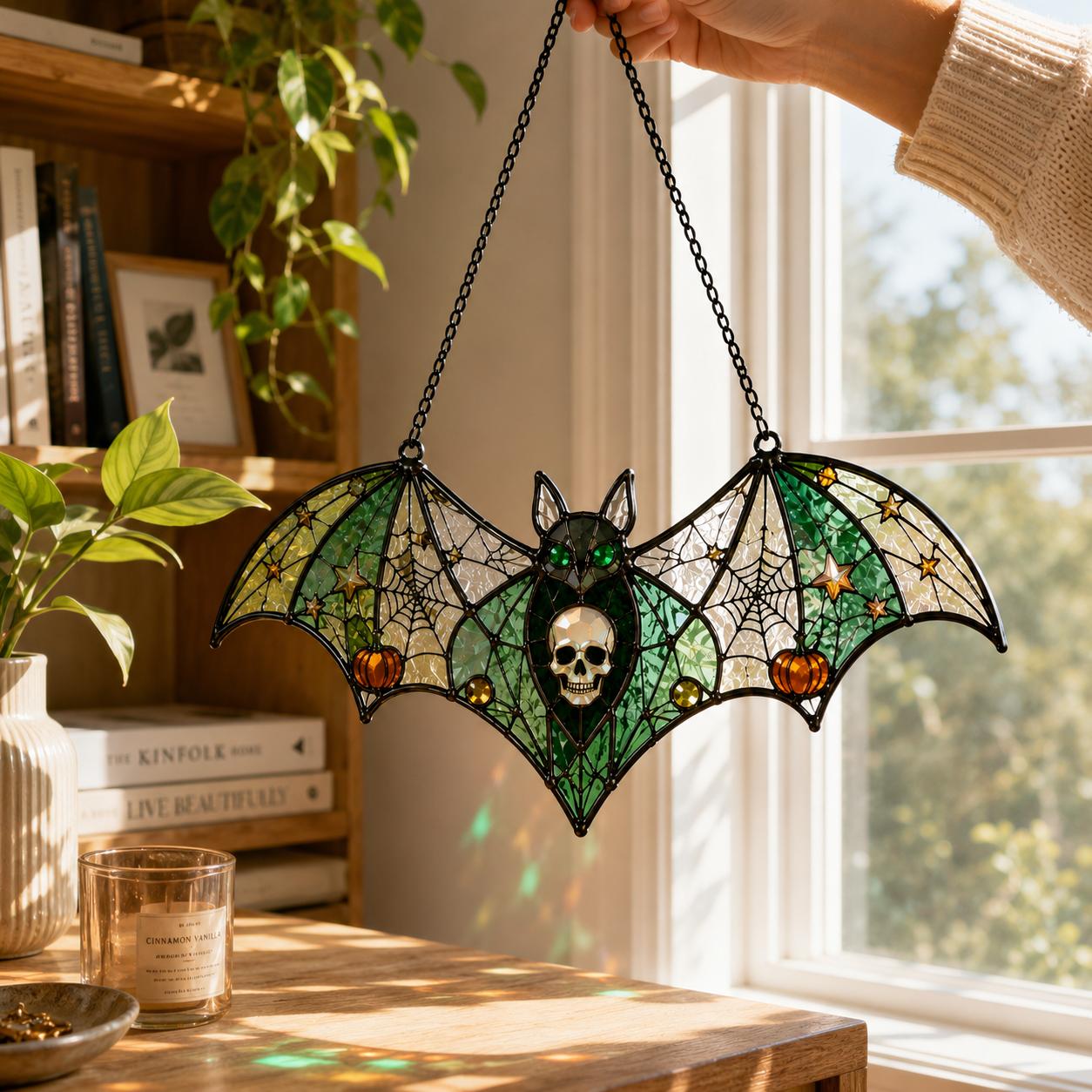 Gothic Bat Skull Suncatcher | Stained Glass Style Window Hanging | Witchy Moon Spider Web Decor | Car Ornament Gift