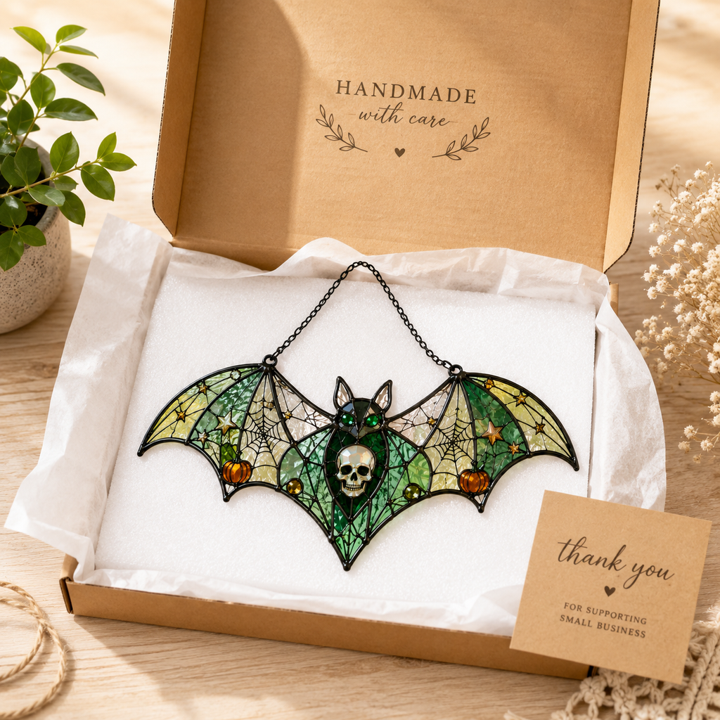 Halloween Bat Suncatcher | Skull Stained Glass Style Window Hanging | Pumpkin Gothic Decor | Car Ornament Gift