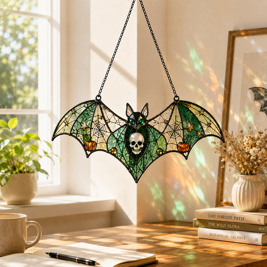 Gothic Bat Skull Suncatcher | Stained Glass Style Window Hanging | Witchy Bat Wall Decor | Car Ornament Gift