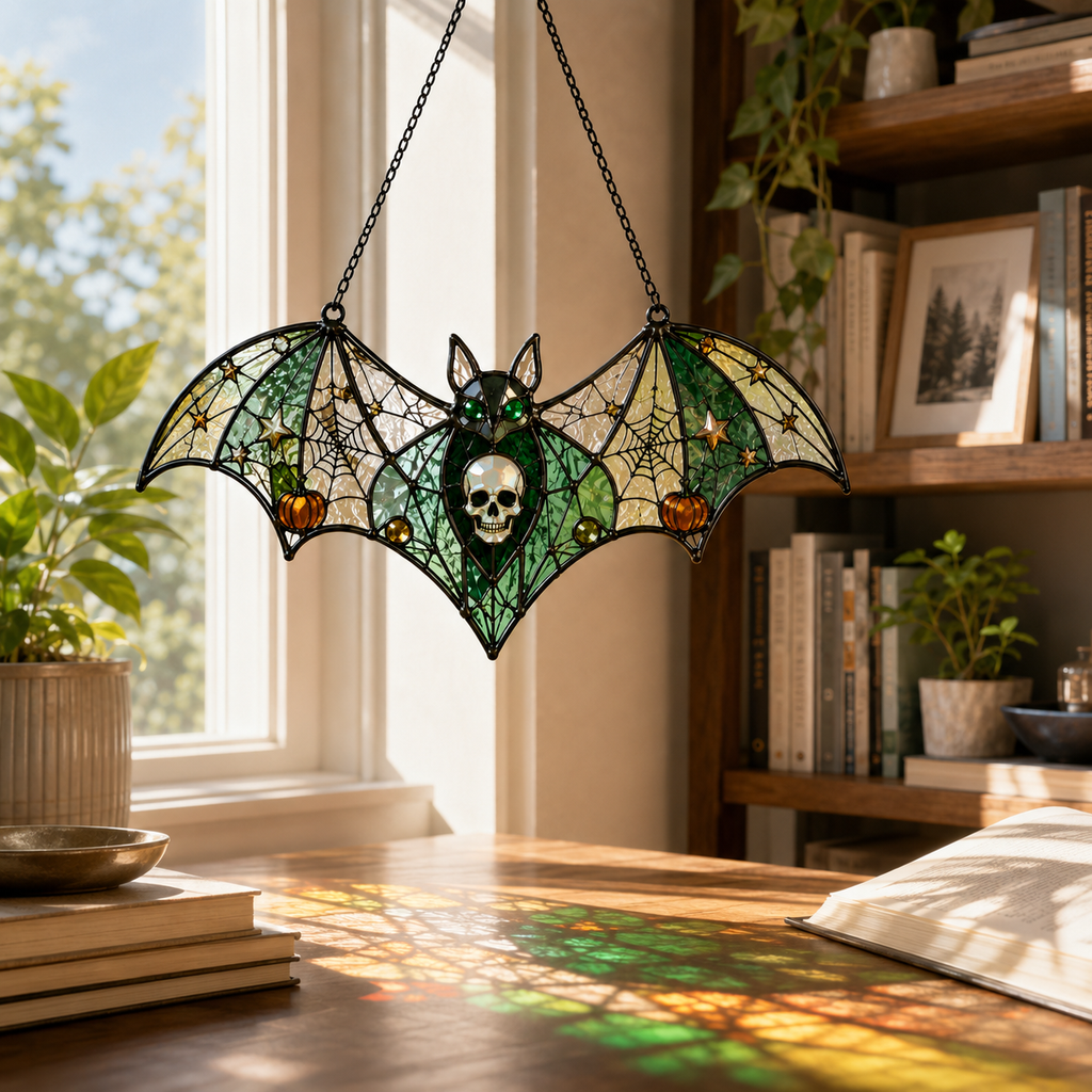 Halloween Bat Suncatcher | Skull Stained Glass Style Window Hanging | Pumpkin Gothic Decor | Car Ornament Gift